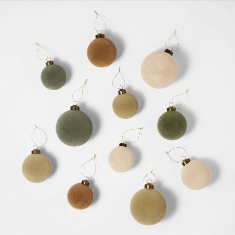 Set of 11 Velvet Christmas Ornaments Green/Neutral/ Cream - Studio McGee